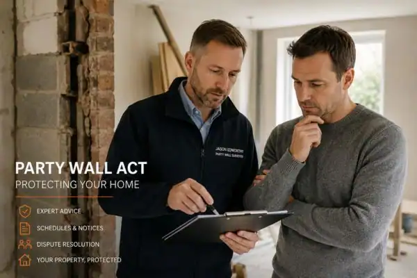 Party wall surveyor Burnley discussing extension plans with homeowner outside a UK semi-detached house.